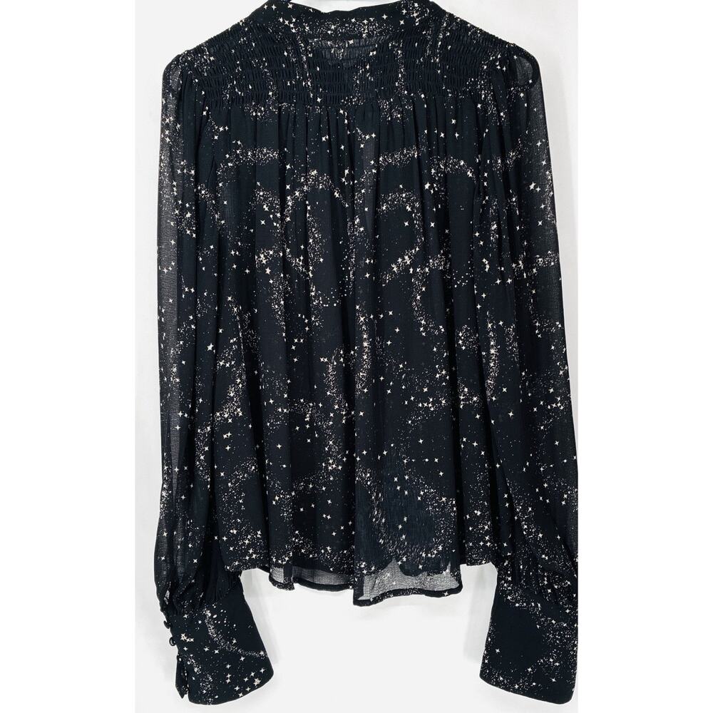 Free People Celestial Stars Align Printed Top Sheer Tie Neck Smocked Boho M - Picture 5 of 11